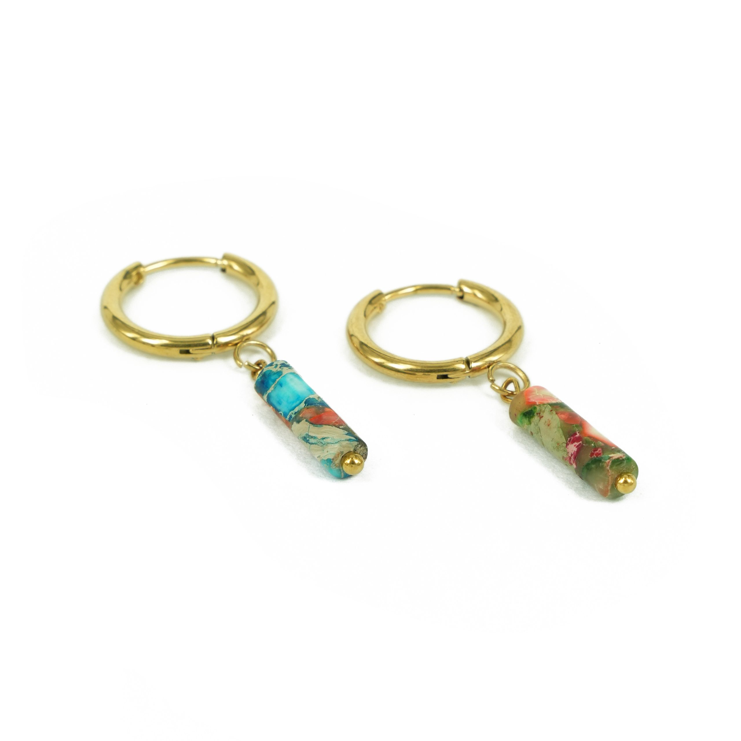 Za Earrings | Anting Stainless Steel Loop with Cylinder Gemstone Gold