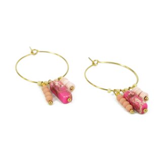 Za Earrings | Anting Stainless Steel Wide Loop with Cuboid Gemstone Gold
