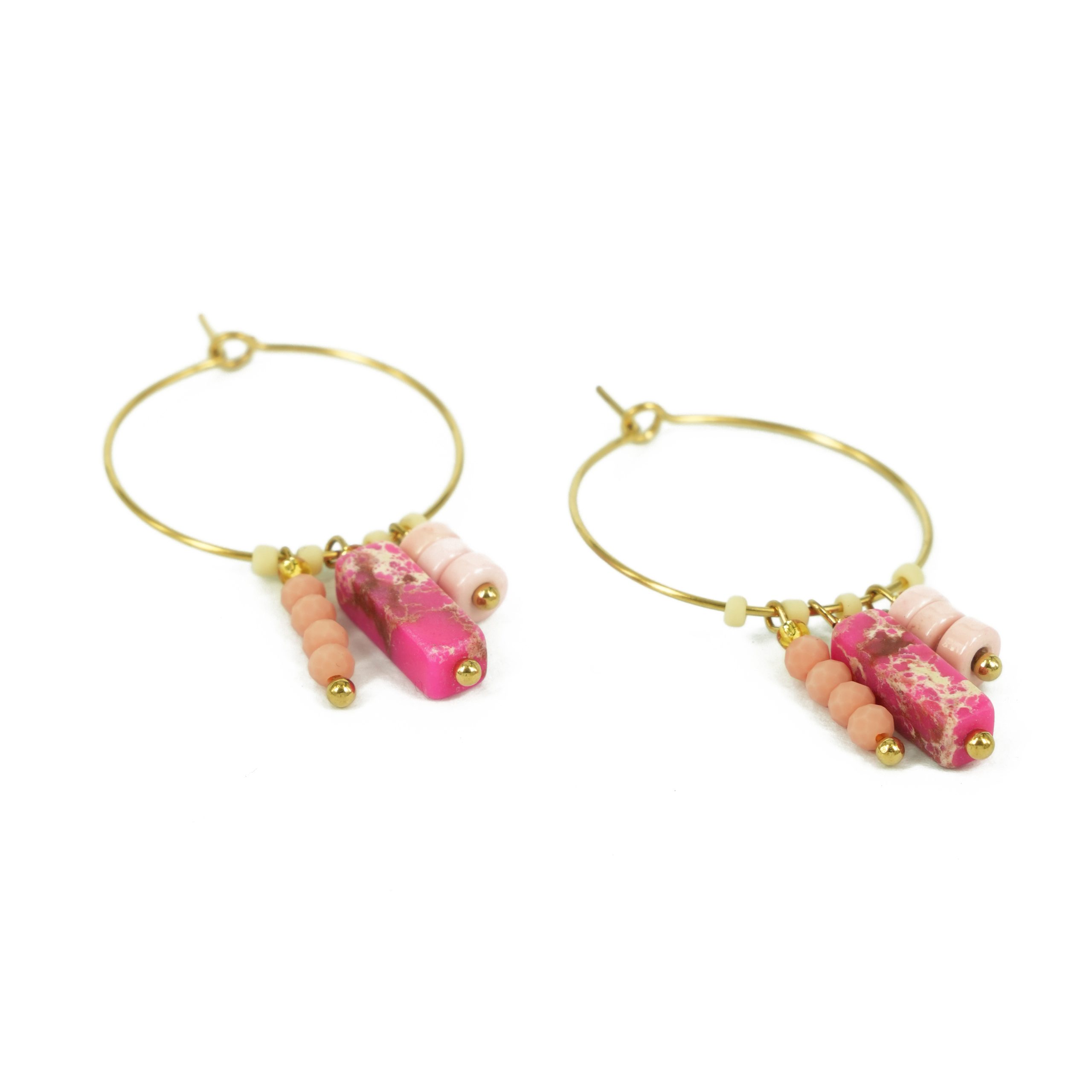 Za Earrings | Anting Stainless Steel Wide Loop with Cuboid Gemstone Gold