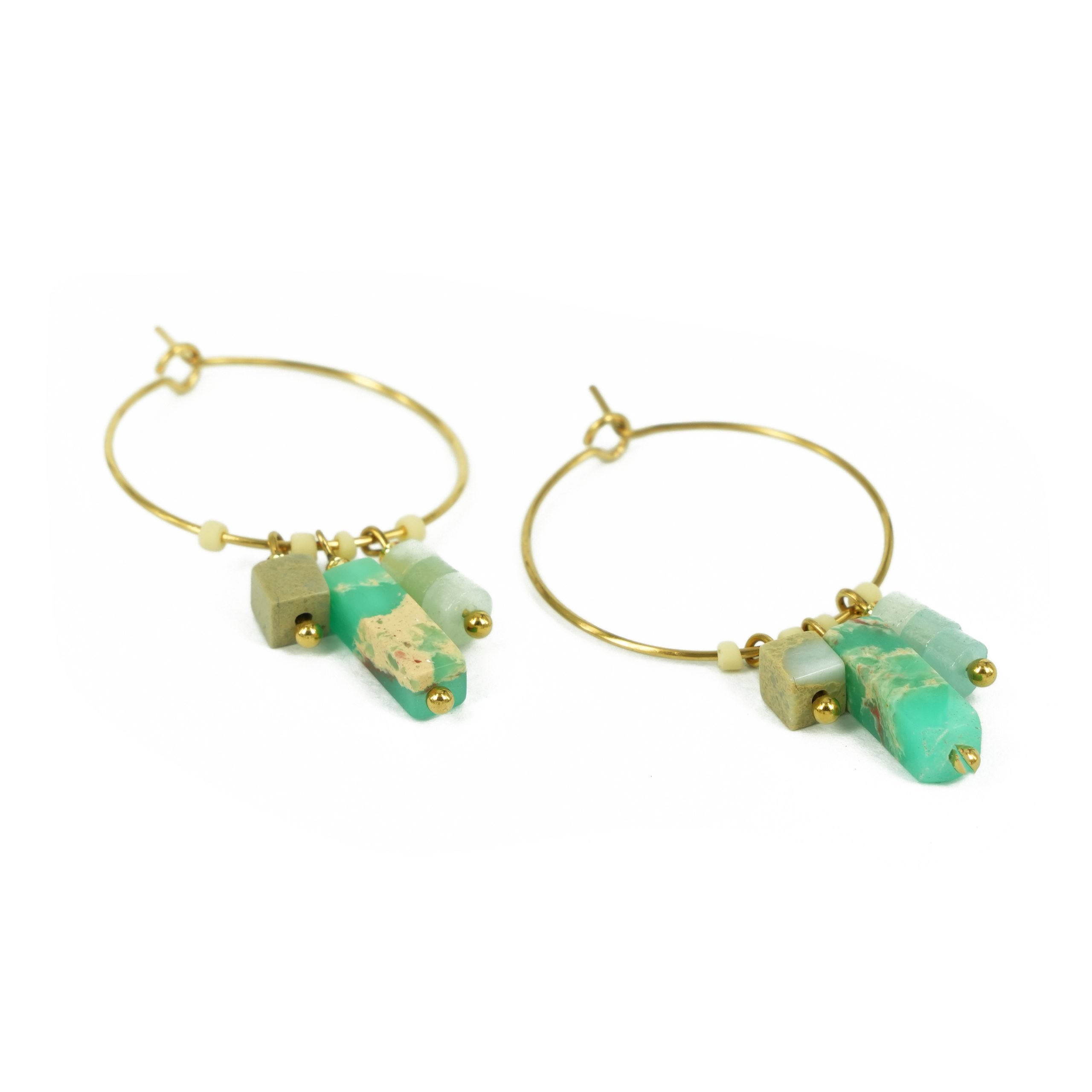 Za Earrings | Anting Stainless Steel Wide Loop with Cuboid Gemstone Gold