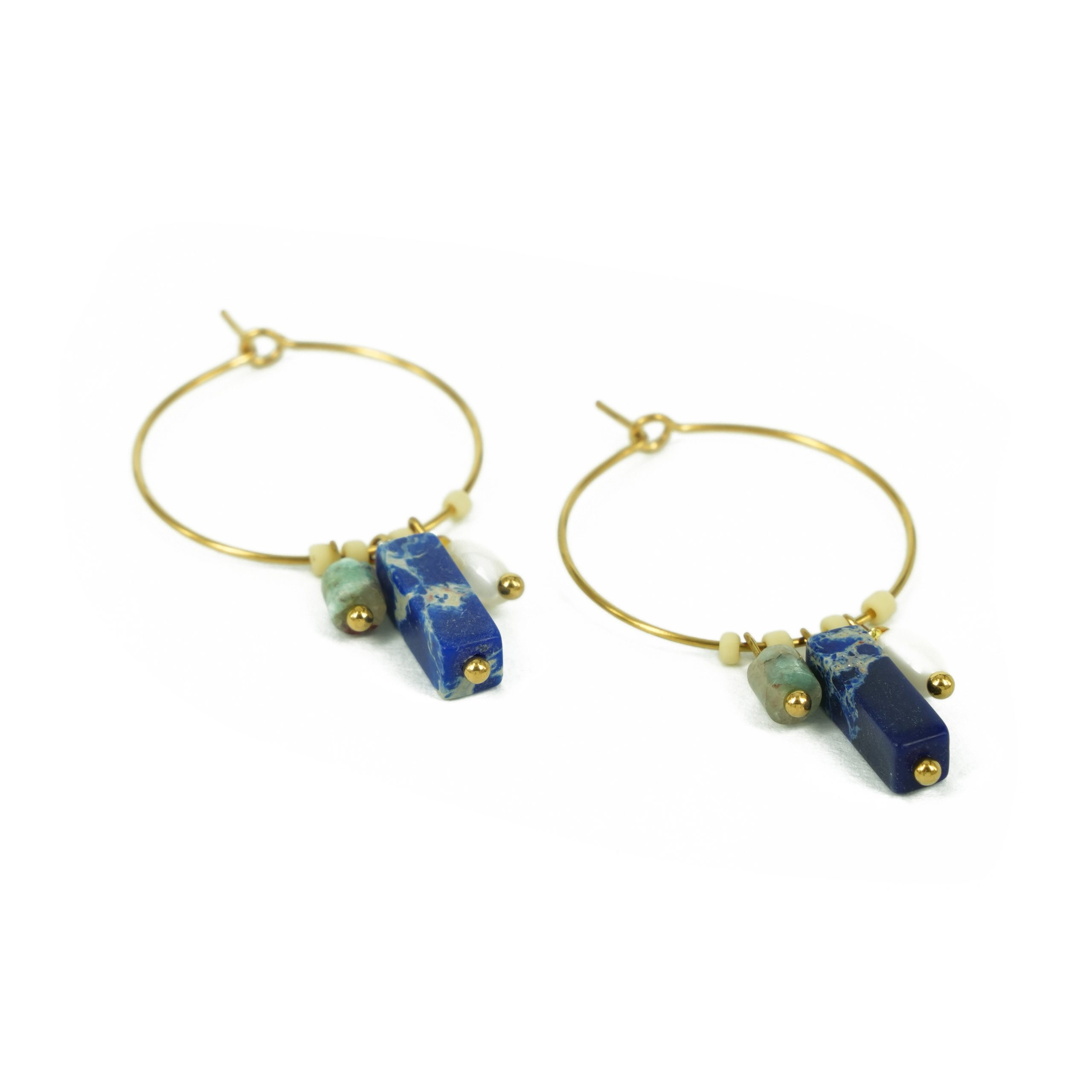 Za Earrings | Anting Stainless Steel Wide Loop with Cuboid Gemstone Gold